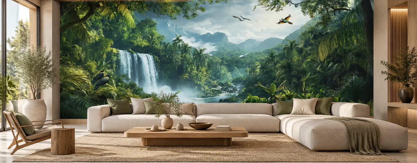Murale de paysage tropical avec cascade et végétation luxuriante, image no 962838474