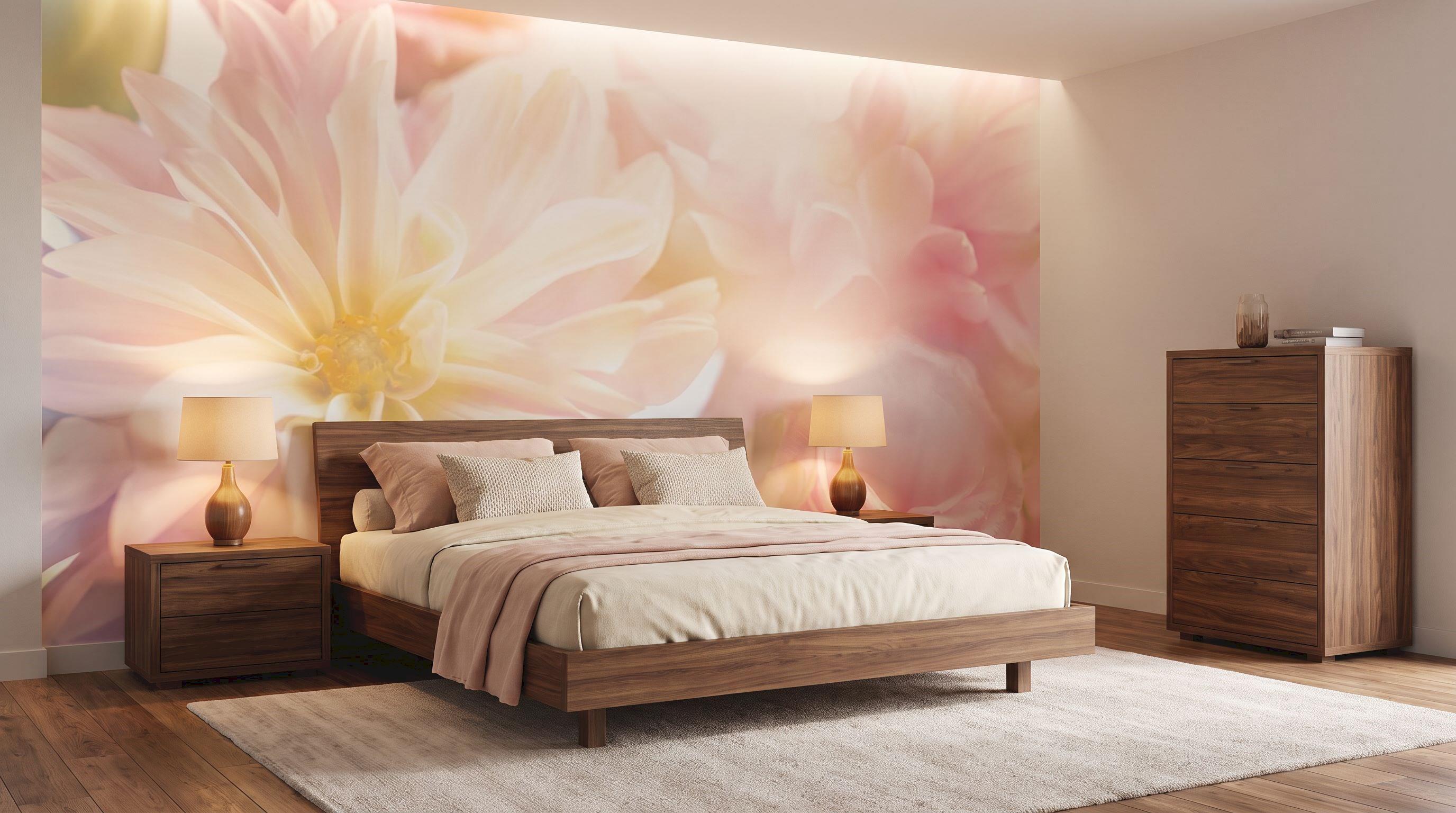Pale pink flower close-up mural 105654529 behind a bed