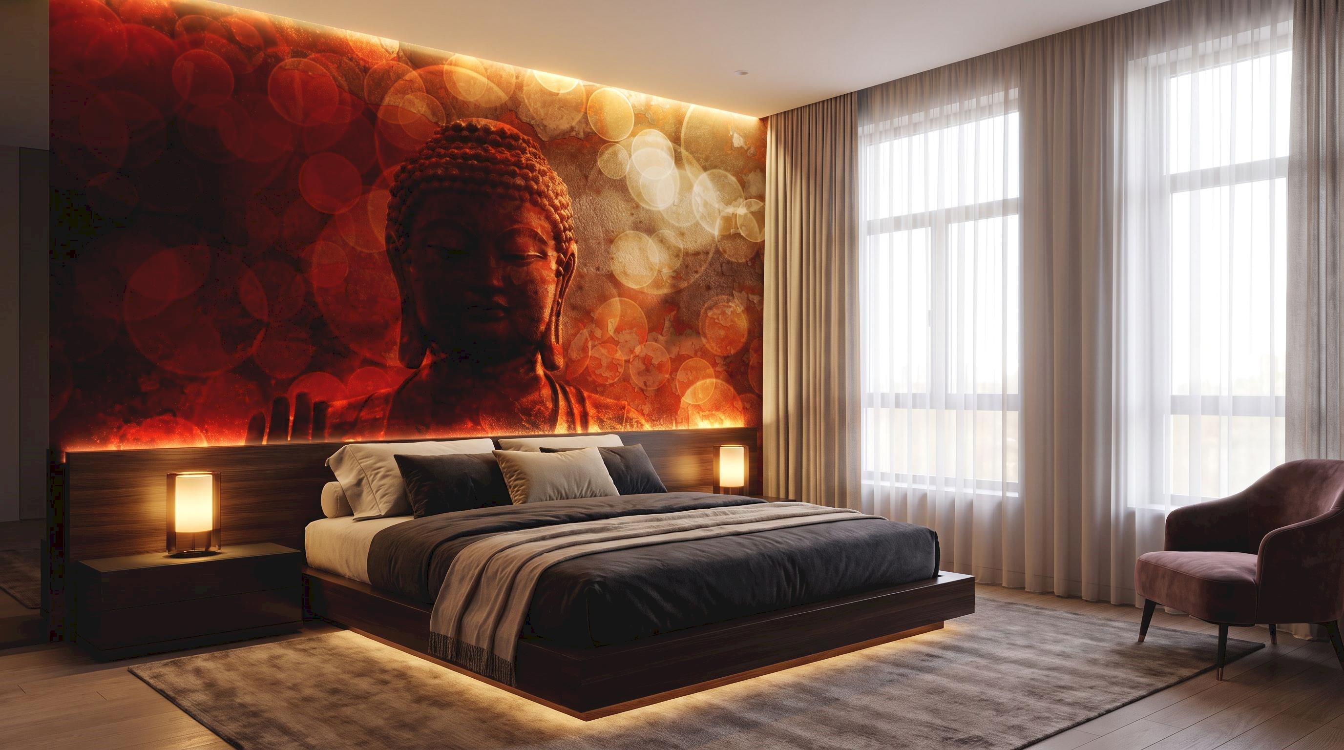 Red and gold Buddha mural 108321336 in a bedroom