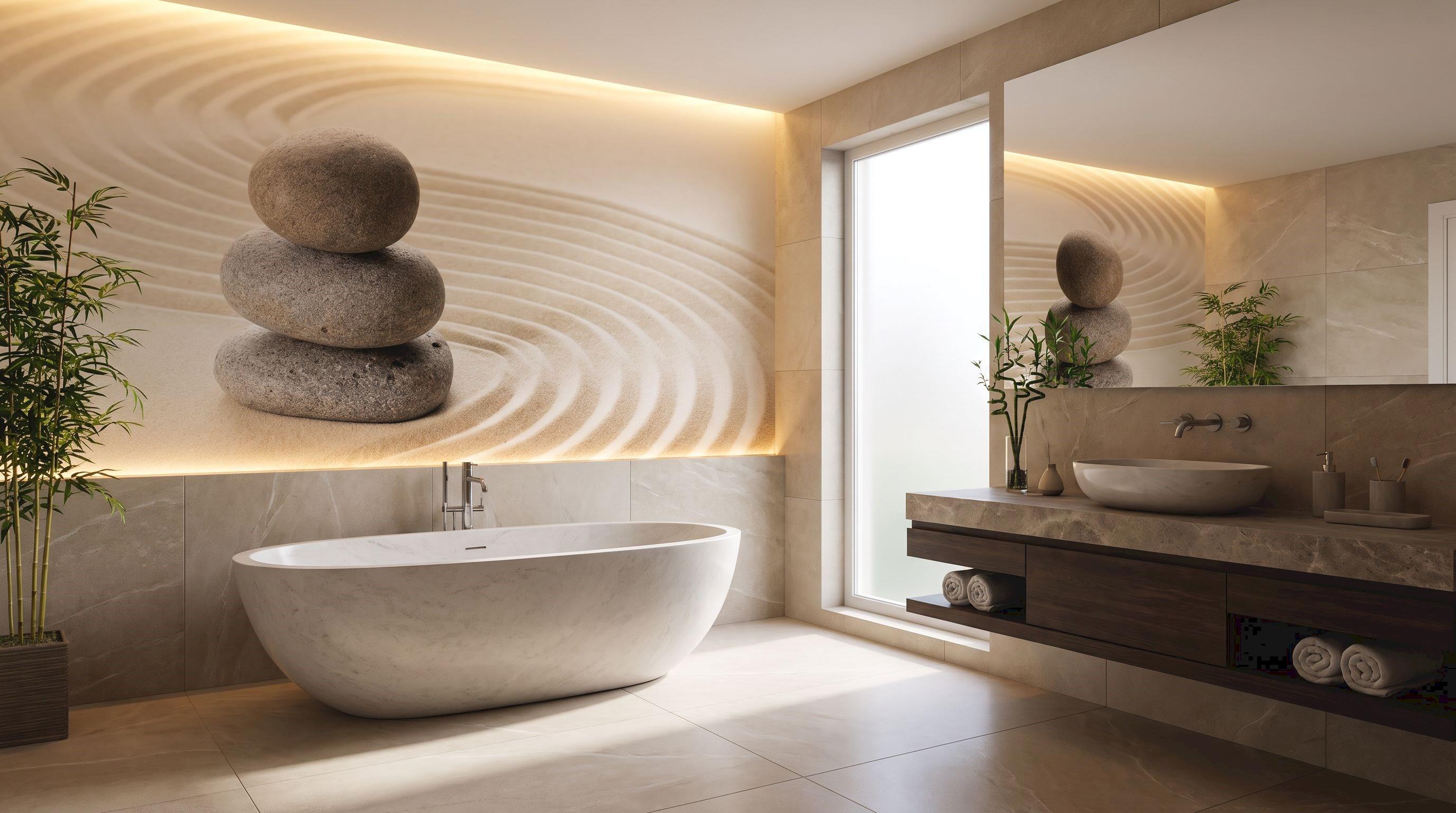Three stones on raked sand mural 165576354 in a bathroom